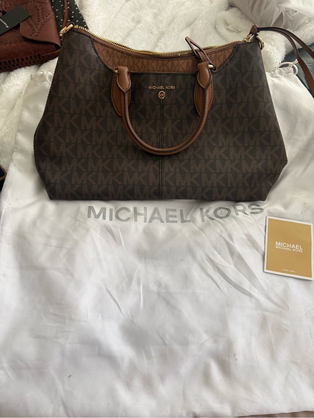 Michael Kors Dark Brown Signature Satchel with Caramel Trim